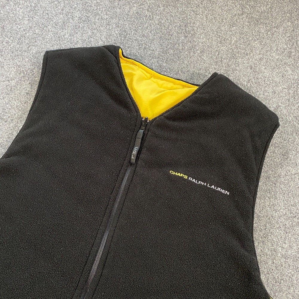 VINTAGE Chaps Ralph Lauren Reversible Vest Jacket Adult XL Black Yellow Fleece - Picture 8 of 11